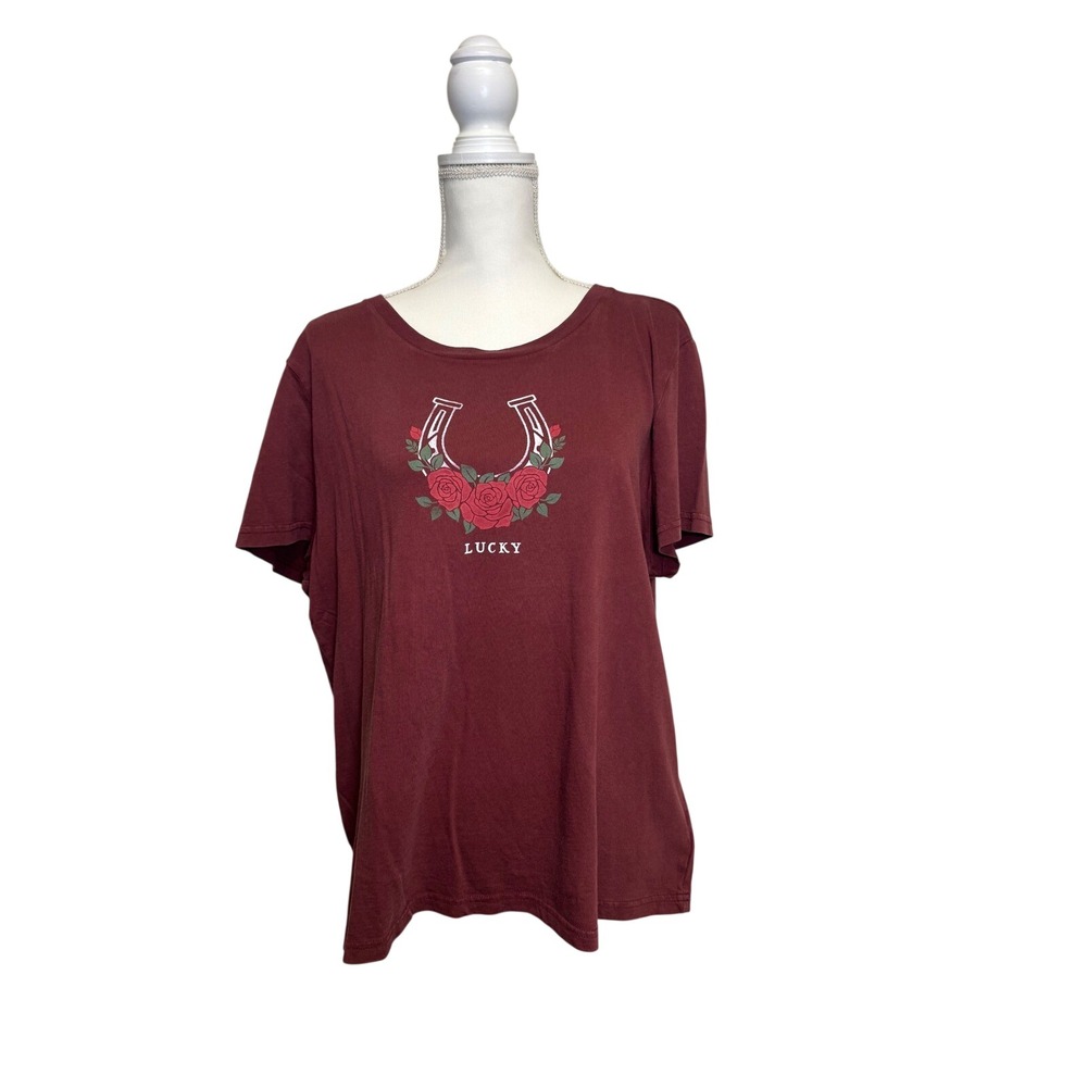 Lucky Brand Women's Maroon Horseshoe Short Sleeve Graphic T-Shirt Size XL
